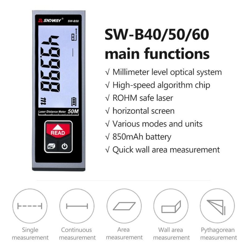 SNDWAY SW-B40 Laser Distance Meter Handheld Rangefinder Digital Mini Distance Measuring Meter Indoor Rechargeable Electronic Space Measurement Device for Length Area Volume  |   Other Instruments Measurement & Analysis Instruments Other Instruments