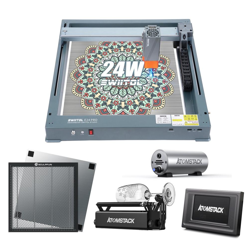 Swiitol E24 Pro 24W Integrated Structure Laser Engraver with 400x400mm Honeycomb Working Table and R3 Pro Roller and CR1 Control Terminal and Air Assist Kit  |   Laser Equipment Laser Equipment Laser Equipment