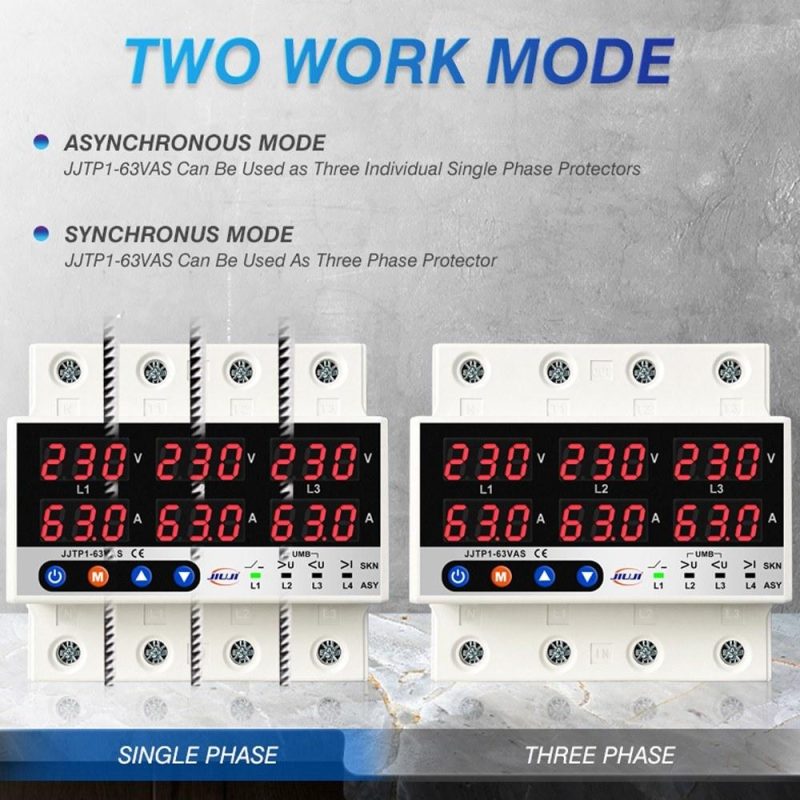 Three Phase Voltage and Current Protector Synchronous and Asynchronous Working Modes Design with Automatic Power Off and Automatic Reset Function 63A  |   Electrical Measuring Tools Electrical Measuring Tools Electrical Measuring Tools