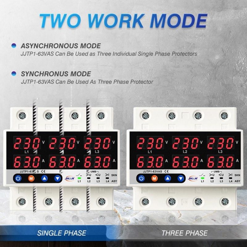 Three Phase Voltage and Current Protector Synchronous and Asynchronous Working Modes Design with Automatic Power Off and Automatic Reset Function 63A  |   Electrical Measuring Tools Electrical Measuring Tools Electrical Measuring Tools