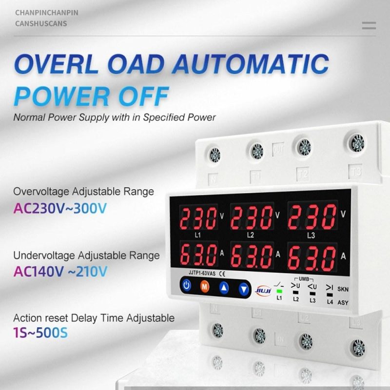 Three Phase Voltage and Current Protector Synchronous and Asynchronous Working Modes Design with Automatic Power Off and Automatic Reset Function 63A  |   Electrical Measuring Tools Electrical Measuring Tools Electrical Measuring Tools