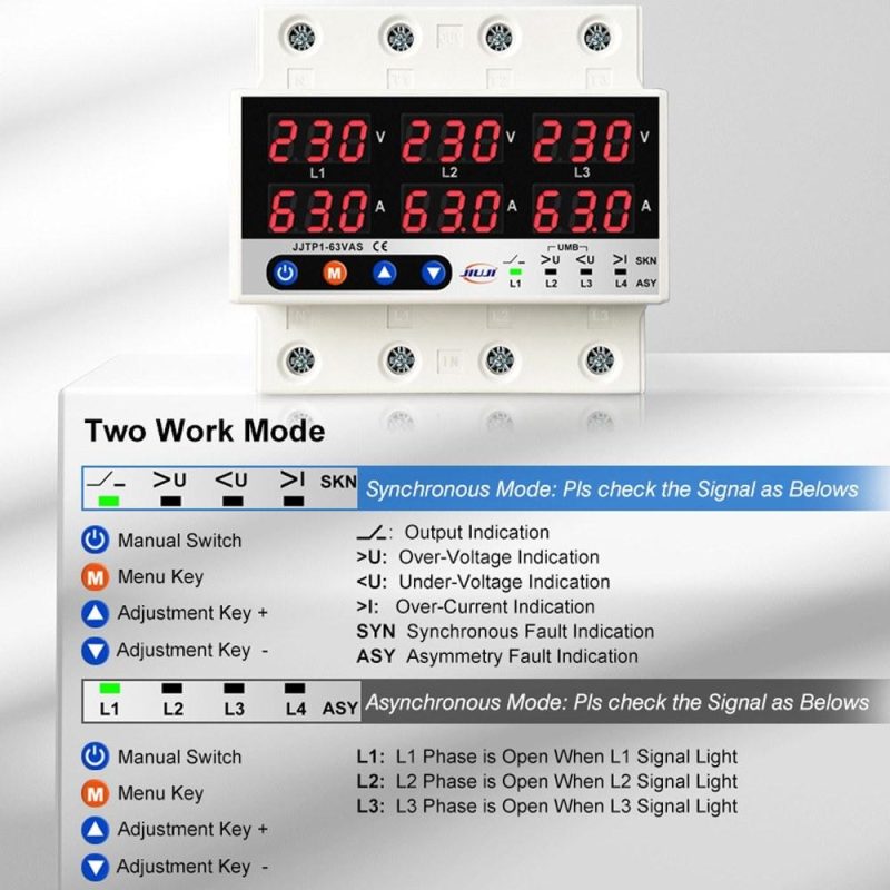 Three Phase Voltage and Current Protector Synchronous and Asynchronous Working Modes Design with Automatic Power Off and Automatic Reset Function 63A  |   Electrical Measuring Tools Electrical Measuring Tools Electrical Measuring Tools