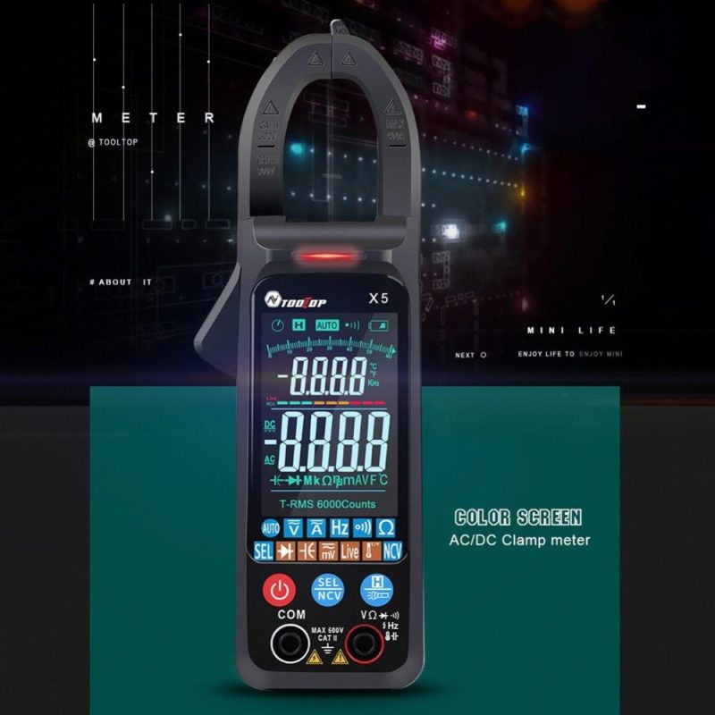 TOOLTOP X5 Handheld Portable Multifunction Clamp Meter LCD Display ℃/℉ Switch NCV Measuring Direct Current AC Current Voltage Resistance Capacitor Temperature Frequency Diode Measuring Automatic Measurement with Flashlight  |   Digital Multimeters & Oscilloscopes Digital Multimeters & Oscilloscopes Black