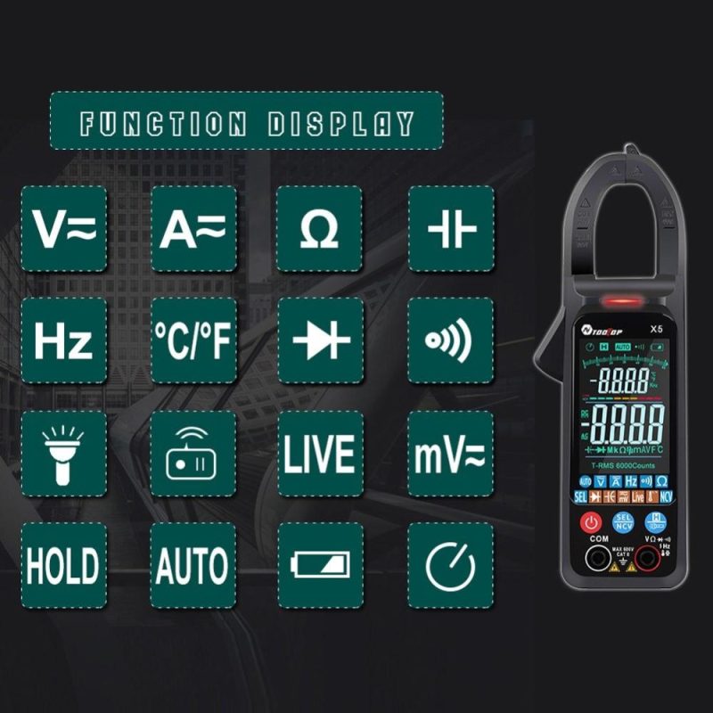 TOOLTOP X5 Handheld Portable Multifunction Clamp Meter LCD Display ℃/℉ Switch NCV Measuring Direct Current AC Current Voltage Resistance Capacitor Temperature Frequency Diode Measuring Automatic Measurement with Flashlight  |   Digital Multimeters & Oscilloscopes Digital Multimeters & Oscilloscopes Black