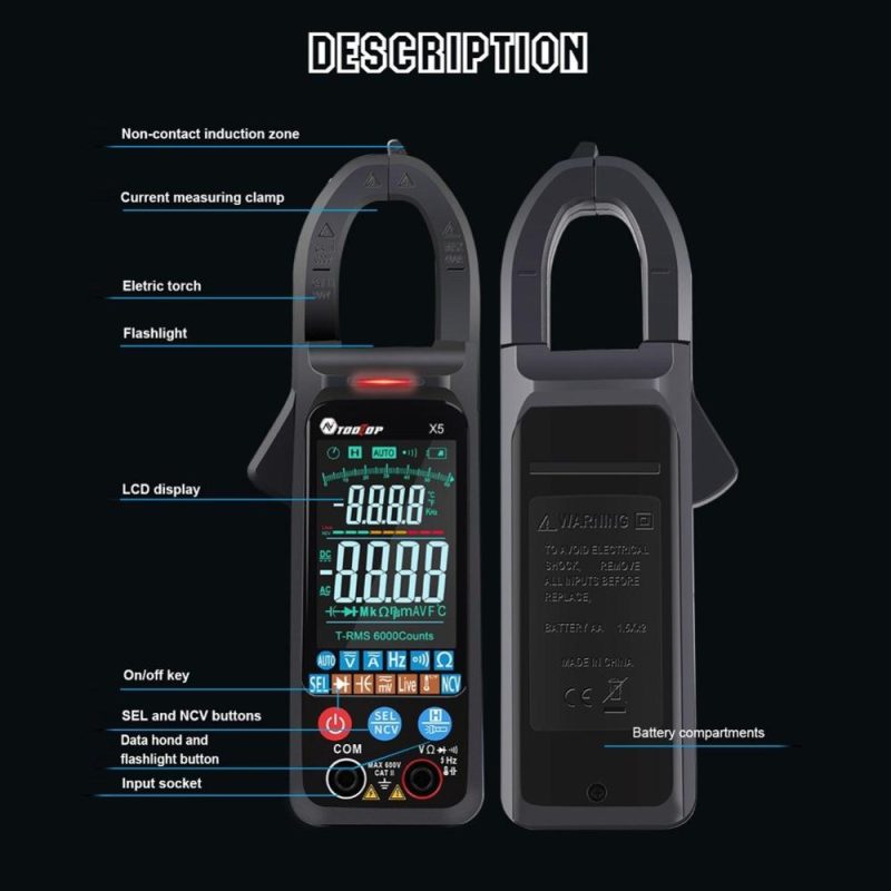 TOOLTOP X5 Handheld Portable Multifunction Clamp Meter LCD Display ℃/℉ Switch NCV Measuring Direct Current AC Current Voltage Resistance Capacitor Temperature Frequency Diode Measuring Automatic Measurement with Flashlight  |   Digital Multimeters & Oscilloscopes Digital Multimeters & Oscilloscopes Black