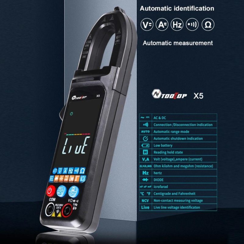 TOOLTOP X5 Handheld Portable Multifunction Clamp Meter LCD Display ℃/℉ Switch NCV Measuring Direct Current AC Current Voltage Resistance Capacitor Temperature Frequency Diode Measuring Automatic Measurement with Flashlight  |   Digital Multimeters & Oscilloscopes Digital Multimeters & Oscilloscopes Black