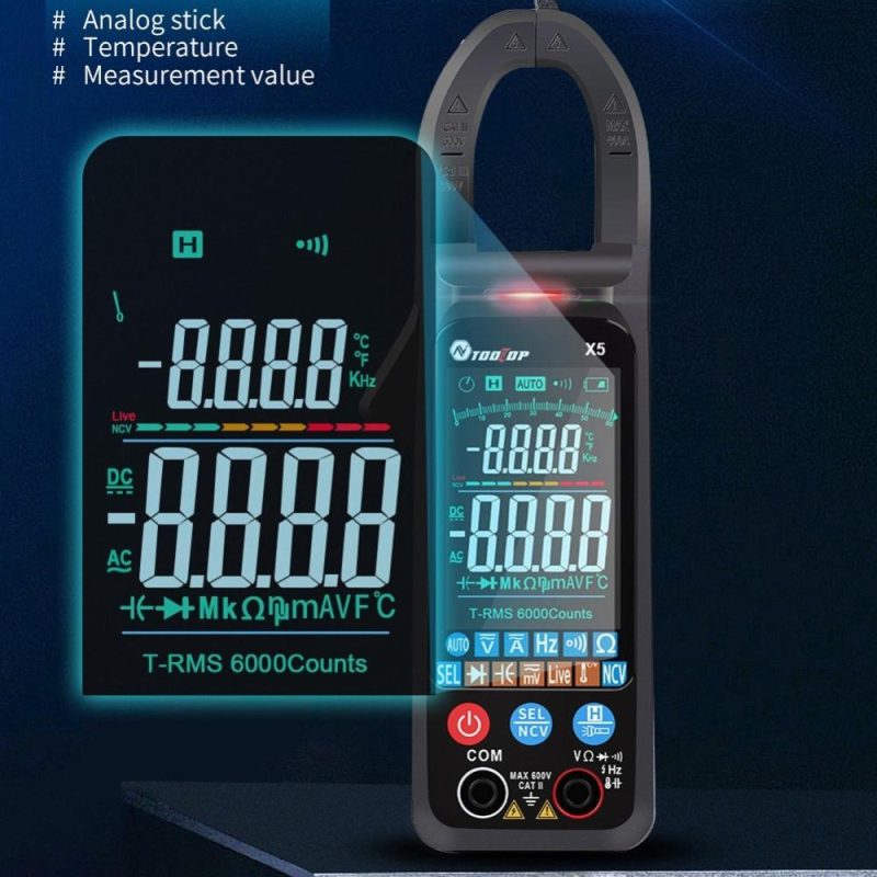 TOOLTOP X5 Handheld Portable Multifunction Clamp Meter LCD Display ℃/℉ Switch NCV Measuring Direct Current AC Current Voltage Resistance Capacitor Temperature Frequency Diode Measuring Automatic Measurement with Flashlight  |   Digital Multimeters & Oscilloscopes Digital Multimeters & Oscilloscopes Black