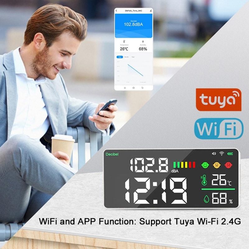 Tuya WiFi Decibel Meter 4 in1 Temperature Humidity Decibel Test Alarm Clock  |   Temperature & Humidity Measurements Measurement & Analysis Instruments Black