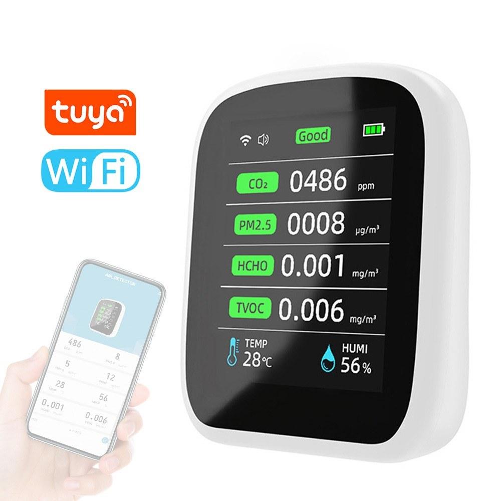 Tuya Wifi Portable Air Quality Meter 8in1 PM1.0 PM2.5 PM10 CO2 TVOC HCHO Temperature and Humidity Tester LCD Color Screen Carbon Dioxide Detector with Time and Date Display Function  |   Gas detection equipment Gas detection equipment Gas detection equipment