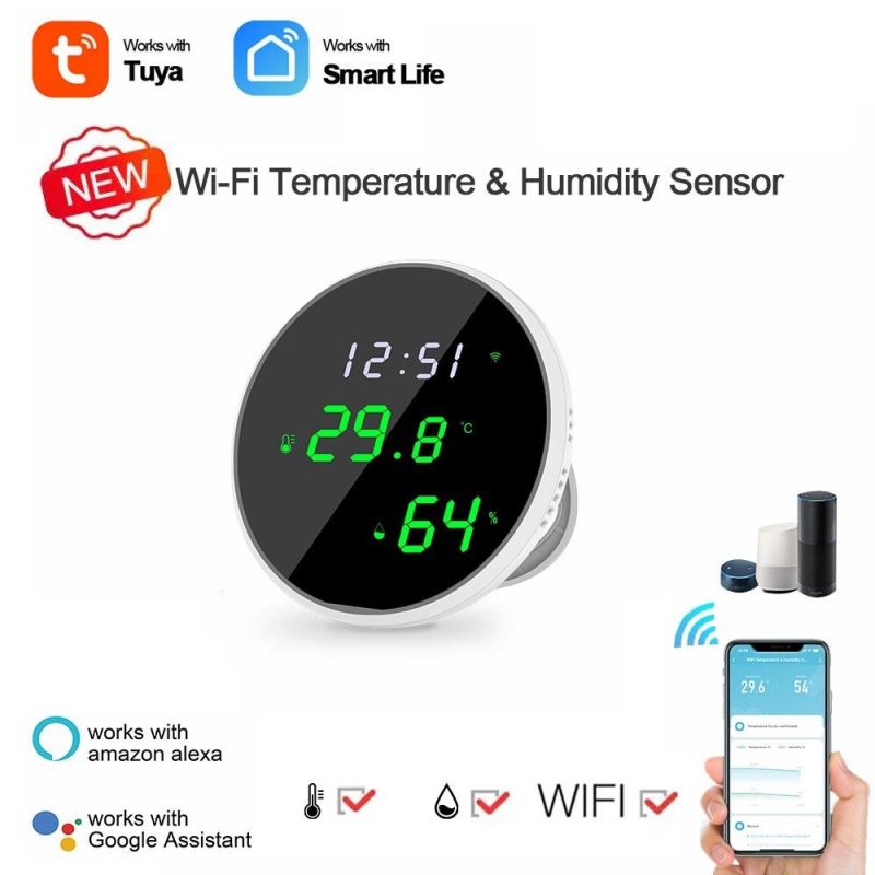 Tuya Wifi Temperature Humidity Sensors APP Remote Monitor Control for Home Intelligent Scenario Linkage Compatible with Amazon Alexa Google Home  |   Temperature & Humidity Measurements Measurement & Analysis Instruments Black And White