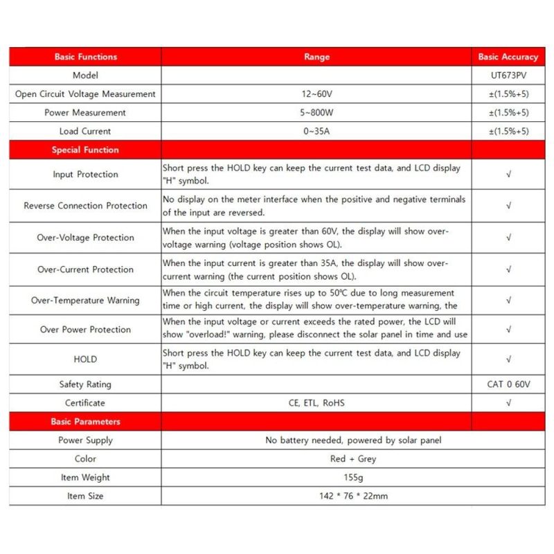 UNI-T UT673PV Solor MPPT Meter Photovoltaic Maximum Power Tester Peak Open Circuit Voltage Short Circuit Current Pmax Lmp Test  |   Other Instruments Measurement & Analysis Instruments Other Instruments
