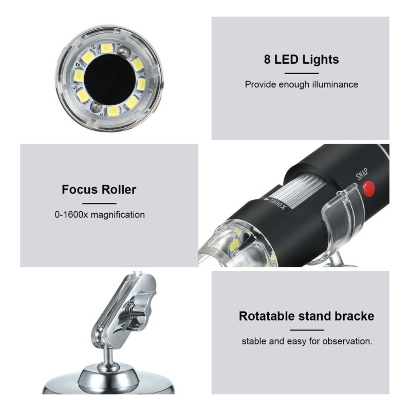 USB Digital Microscope 1600X Magnification Camera 8 LEDs with Stand Portable Handheld Inspection Magnifier  |   Microscopes & Endoscope Measurement & Analysis Instruments Black