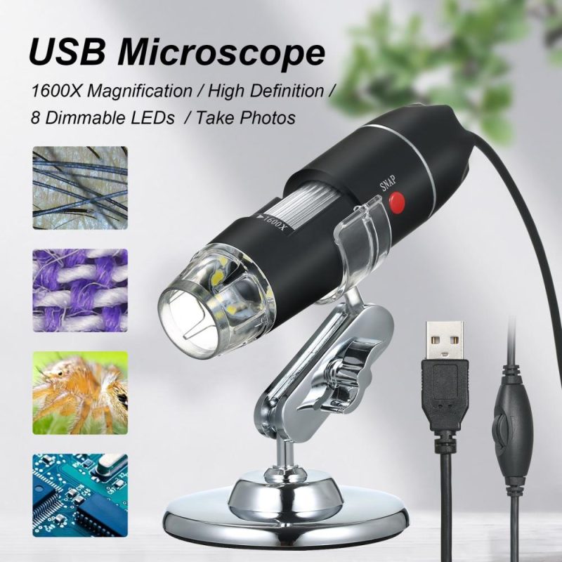 USB Digital Microscope 1600X Magnification Camera 8 LEDs with Stand Portable Handheld Inspection Magnifier  |   Microscopes & Endoscope Measurement & Analysis Instruments Black