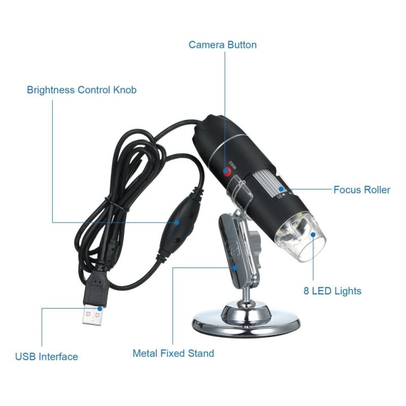 USB Digital Microscope 1600X Magnification Camera 8 LEDs with Stand Portable Handheld Inspection Magnifier  |   Microscopes & Endoscope Measurement & Analysis Instruments Black