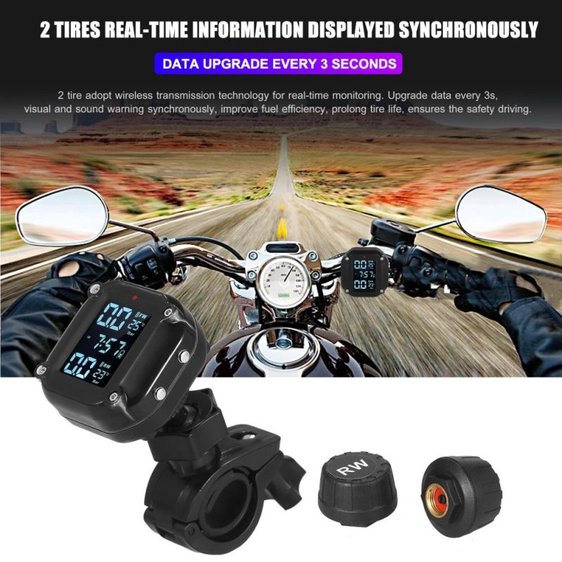 Waterproof Motorcycle Tire Pressure Monitoring System 7 Alarm Modes Wireless TPMS Auto Wake Up and Sleep Magnetic Charging Port with 2 External Sensors  |   Other Nature Element Measurements Measurement & Analysis Instruments Black