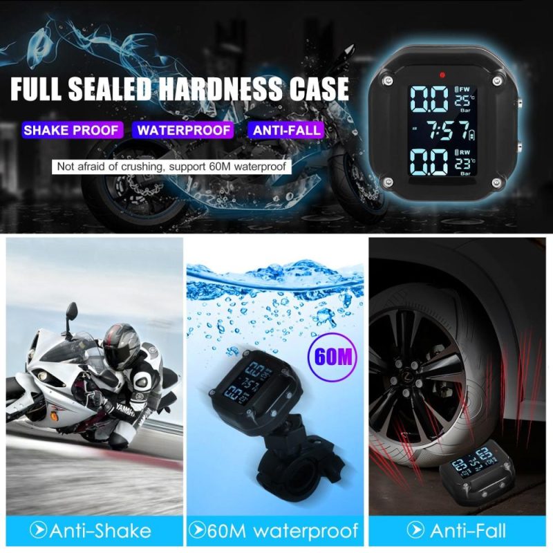 Waterproof Motorcycle Tire Pressure Monitoring System 7 Alarm Modes Wireless TPMS Auto Wake Up and Sleep Magnetic Charging Port with 2 External Sensors  |   Other Nature Element Measurements Measurement & Analysis Instruments Black