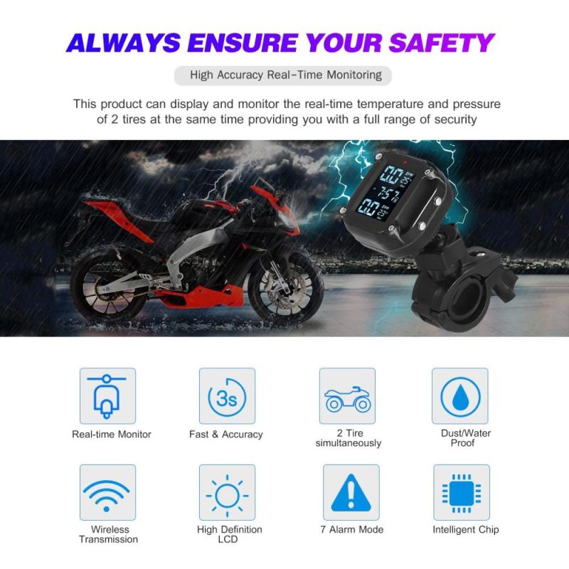 Waterproof Motorcycle Tire Pressure Monitoring System 7 Alarm Modes Wireless TPMS Auto Wake Up and Sleep Magnetic Charging Port with 2 External Sensors  |   Other Nature Element Measurements Measurement & Analysis Instruments Black