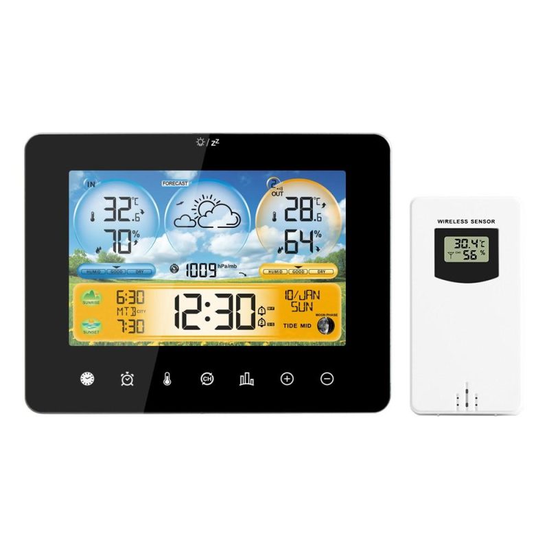 Weather Station Indoor Outdoor Thermometer with Remote Sensors and Touch Color Screen Weather Thermometer Forecast Station with Sunrise Sunset Time and Tide Level  |   Temperature & Humidity Measurements Measurement & Analysis Instruments Black