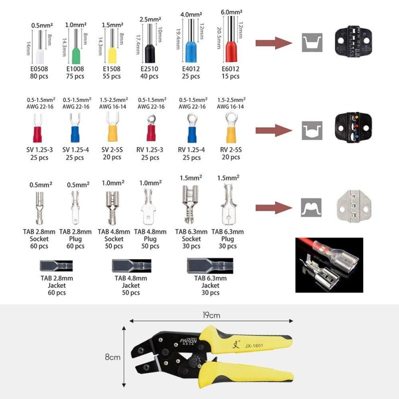 Wire Terminals Crimping Tool Interchangeable Jaw Insulated Ratcheting Crimper Kit with 850PCS 0.5-6.0mm² Insulated Terminals Bag Packing  |   Pliers Pliers Pliers