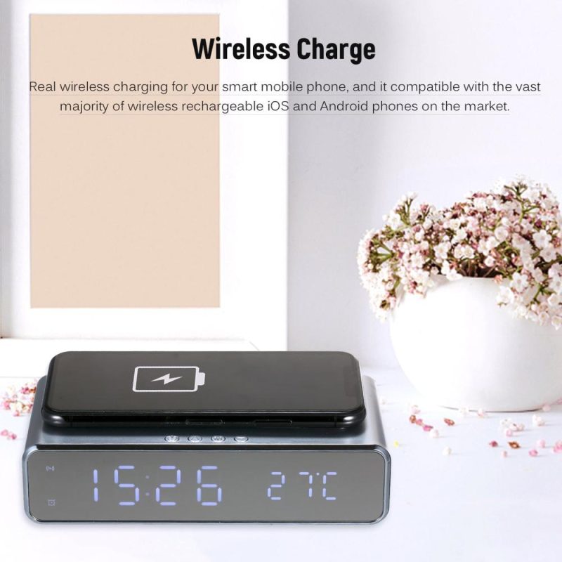 Wireless Charger Desk Clock LED Digital Clock Temperature Meter ℃/ ℉ Switchable Wireless Charging Device Multifunctional LED Alarm Clock with Calendar for Home Office Dormitory  |   Temperature & Humidity Measurements Measurement & Analysis Instruments Black/Silver