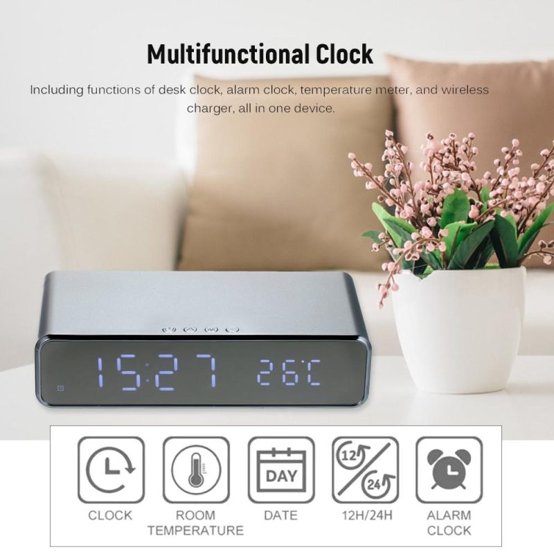 Wireless Charger Desk Clock LED Digital Clock Temperature Meter ℃/ ℉ Switchable Wireless Charging Device Multifunctional LED Alarm Clock with Calendar for Home Office Dormitory  |   Temperature & Humidity Measurements Measurement & Analysis Instruments Black/Silver