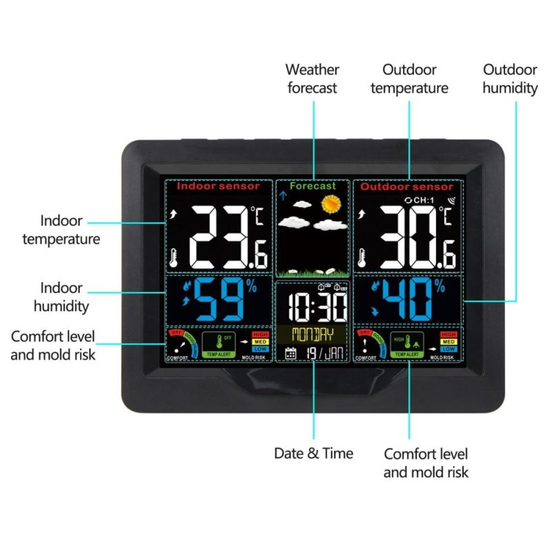 Wireless Weather Forecast Station Clock RF Indoor Outdoor Color Screen Clock with RF Transmitter Digital Temperature and Humidity Detection  |   Digital Multimeters & Oscilloscopes Digital Multimeters & Oscilloscopes Black