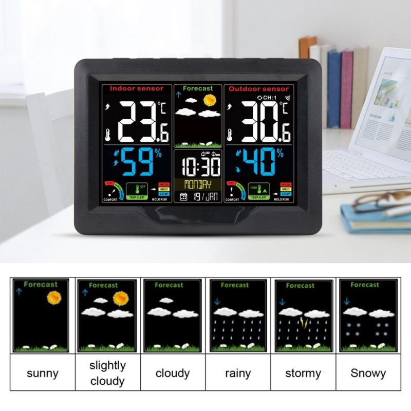 Wireless Weather Forecast Station Clock RF Indoor Outdoor Color Screen Clock with RF Transmitter Digital Temperature and Humidity Detection  |   Digital Multimeters & Oscilloscopes Digital Multimeters & Oscilloscopes Black