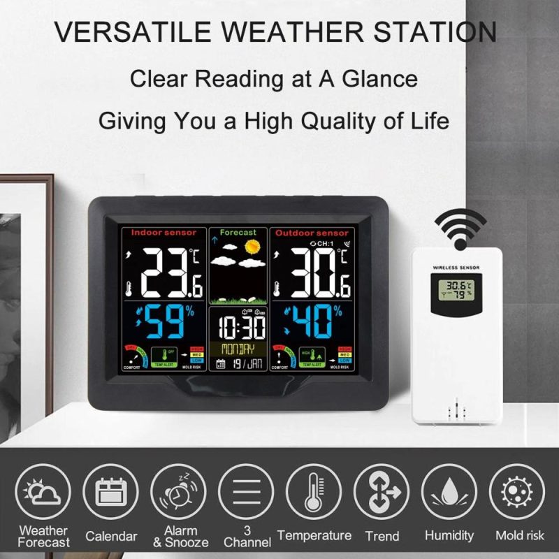 Wireless Weather Forecast Station Clock RF Indoor Outdoor Color Screen Clock with RF Transmitter Digital Temperature and Humidity Detection  |   Digital Multimeters & Oscilloscopes Digital Multimeters & Oscilloscopes Black