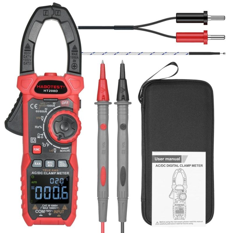 HABOTEST AC/DC Digital Clamp Meter True-RMS Multimeter Anto-Ranging Multi Tester Current Clamp with Amp Volt Ohm Diode Capacitance Resistance Continuity NCV Temperature Duty Ratio VFD Tests  |   Electrical Equipment & Supplies Electrical Equipment & Supplies Black + Red