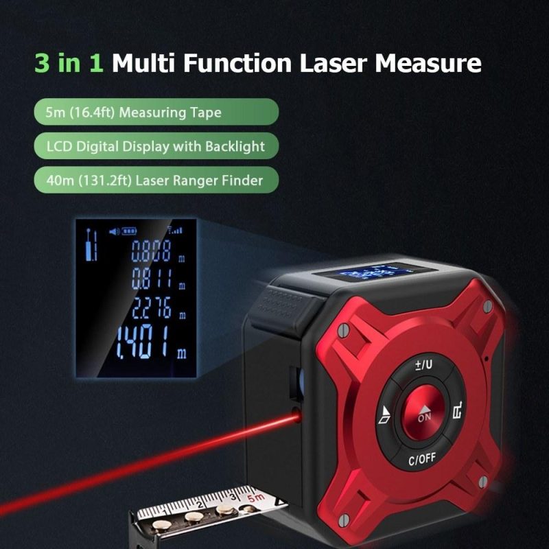 3 in 1 Laser Tape Measure Digital Rangerfinder 16Ft Measuring Tape 131Ft Rechargeable Distance Meter  |   Laser Rangefinders Laser Rangefinders Gold + Black/Red/Silver + Blue