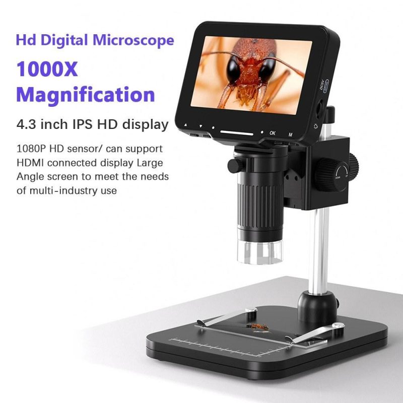 Digital Microscope FHD 1080P Lightness Adjustable with 4.3-inch Large IPS Screen for Plant Insect Observation  |   Microscopes & Endoscope Measurement & Analysis Instruments Black