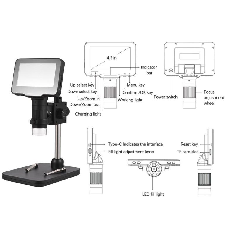 Digital Microscope FHD 1080P Lightness Adjustable with 4.3-inch Large IPS Screen for Plant Insect Observation  |   Microscopes & Endoscope Measurement & Analysis Instruments Black