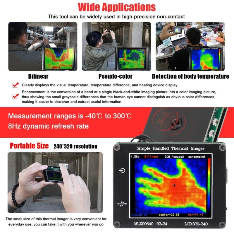 24 * 32 Pixel Infrared Sensor Simple Handheld Thermal Imager Portable 2.0inch LCD Display 240*320 Resolution Clear Definition Imaging Camera -40℃ to 300℃ Temperature Measurement Instrument  |   Infrared Thermometer Infrared Thermometer Black