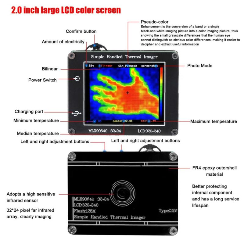 24 * 32 Pixel Infrared Sensor Simple Handheld Thermal Imager Portable 2.0inch LCD Display 240*320 Resolution Clear Definition Imaging Camera -40℃ to 300℃ Temperature Measurement Instrument  |   Infrared Thermometer Infrared Thermometer Black