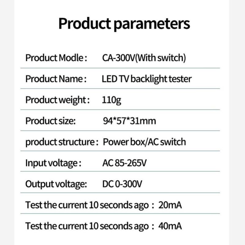 CA-300V Portable LED Lamp Beads Light Bar TV Backlight Tester LED Strips Beads Lamp Board Test Tool Capacitance Diode Voltage Testing with Switch  |   Electrical Measuring Tools Electrical Measuring Tools Electrical Measuring Tools