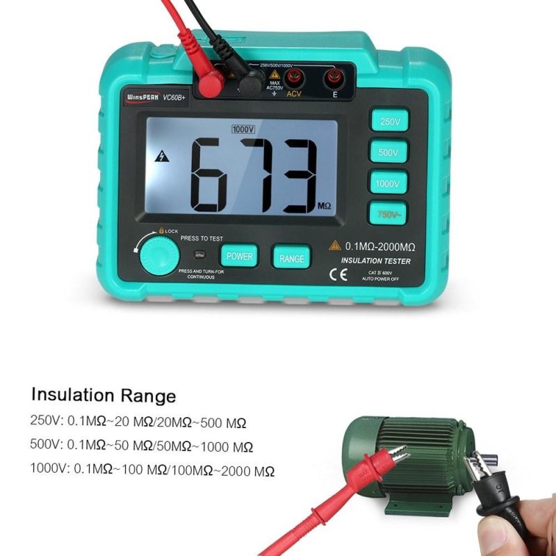 WinsPEAK VC60B+ LCD Digital Insulation Resistance Tester Megohm Meter Megohmmeter DC250V/500V/1000V AC750V  |   Voltage & Current Testers Measurement & Analysis Instruments Dark Grey + Green